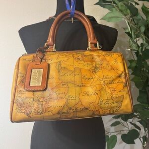 1999 Alviero Martini Tan and Brown Map Print Boston Bag